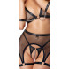 Cottelli Net Matte Look Triangle Bra, Suspender Belt & Crotchless String Set 2215632 Black