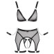 Cottelli Net Matte Look Triangle Bra, Suspender Belt & Crotchless String Set 2215632 Black